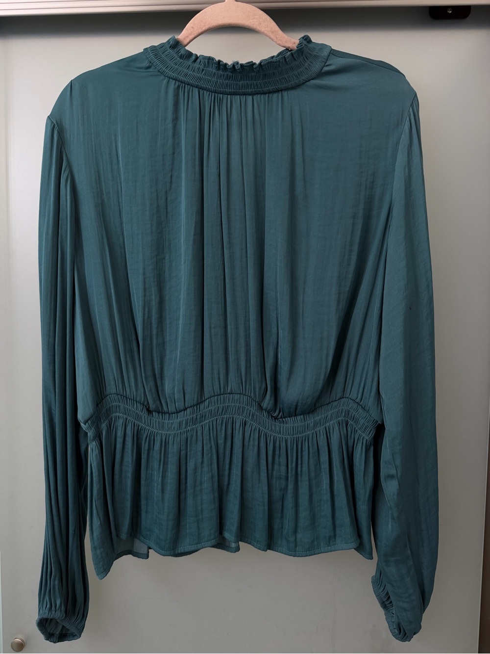 Woven Ruffled-Neck Long Sleeve Peplum Top - Teal